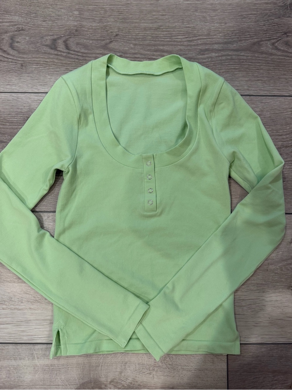 Free People Light Green Scoop Neck Henley Long Sleeve Top